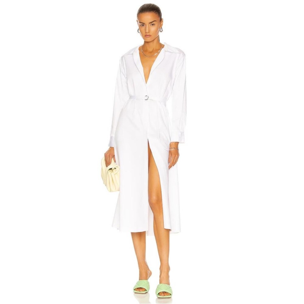 Norma Kamali White Midi A-line Shirtdress with Front Slit